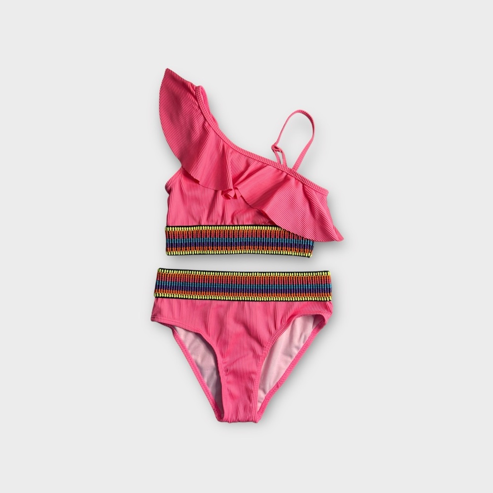 Betsey Johnson 2 Piece Embroidered Pink Ribbed Top & Bottom Swim Set